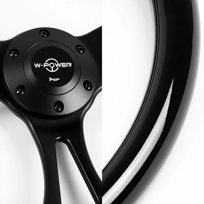 W-Power 14" 350mm 6-Bolt Hole Classic Style Black Wood Grain Grip With Aluminum Finished 3-Spoke Steering Wheel -Black Center Spoke - Image 3