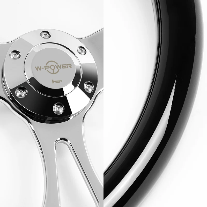 W-Power 14" 350mm 6-Bolt Hole Classic Style Black Wood Grain Grip With Aluminum Finished 3-Spoke Steering Wheel -Chrome Center Spoke - Image 3