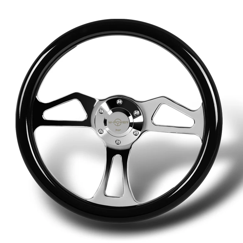 W-Power 14" 350mm 6-Bolt Hole Classic Style Black Wood Grain Grip With Aluminum Finished 3-Spoke Steering Wheel -Chrome Center Spoke - Image 4