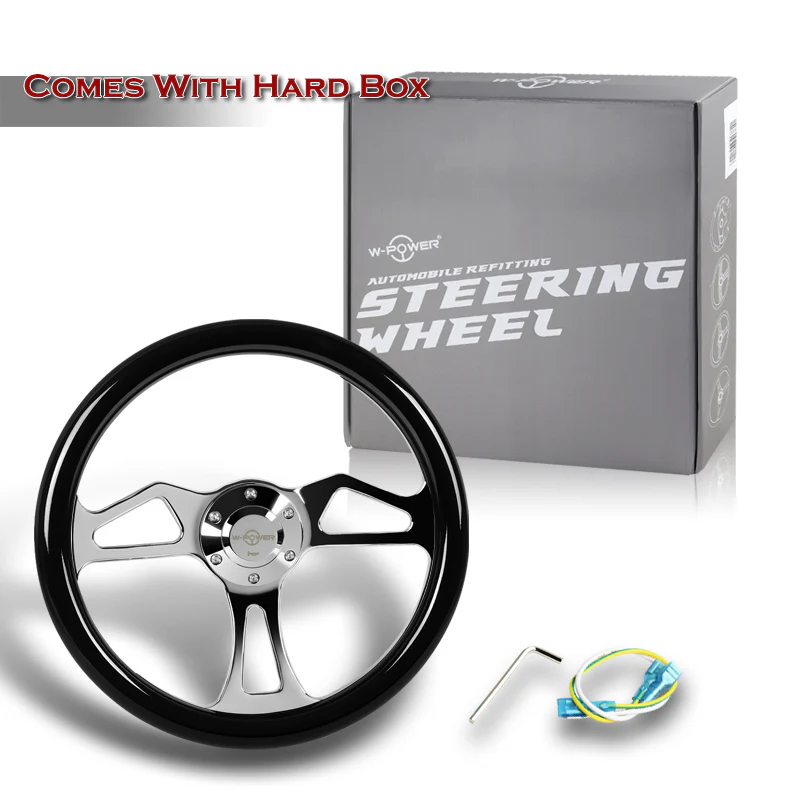 W-Power 14" 350mm 6-Bolt Hole Classic Style Black Wood Grain Grip With Aluminum Finished 3-Spoke Steering Wheel -Chrome Center Spoke - Image 6