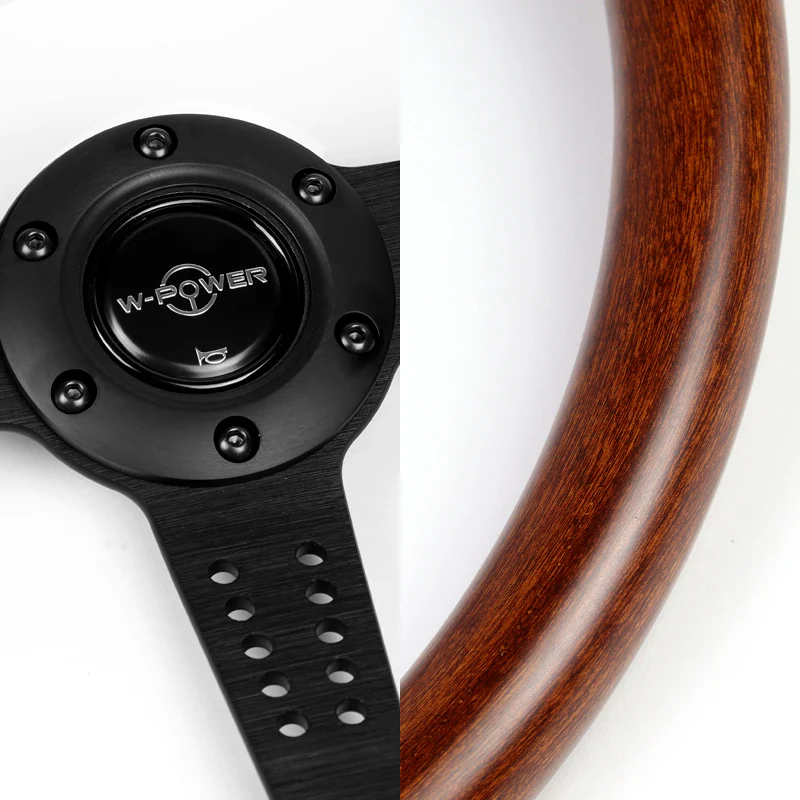 W-Power 14" 350mm 6-Bolt Hole Classic Style Dark Wood Mahogany Grain Grip With Aluminum Finished 3-Spoke Steering Wheel -Black Center Spoke - Image 3
