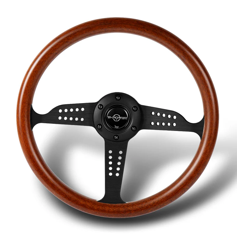 W-Power 14" 350mm 6-Bolt Hole Classic Style Dark Wood Mahogany Grain Grip With Aluminum Finished 3-Spoke Steering Wheel -Black Center Spoke - Image 4