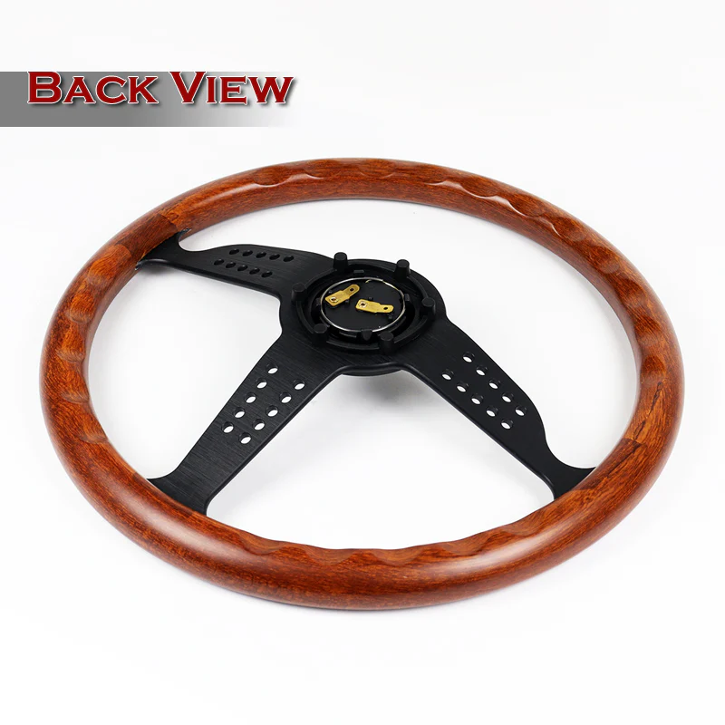 W-Power 14" 350mm 6-Bolt Hole Classic Style Dark Wood Mahogany Grain Grip With Aluminum Finished 3-Spoke Steering Wheel -Black Center Spoke - Image 5