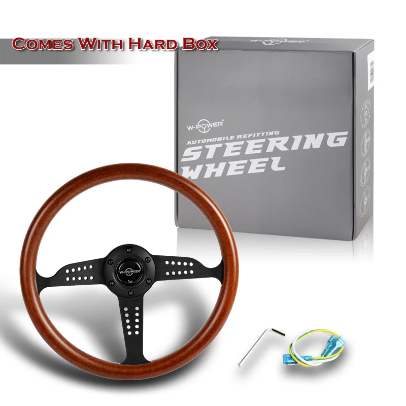 W-Power 14" 350mm 6-Bolt Hole Classic Style Dark Wood Mahogany Grain Grip With Aluminum Finished 3-Spoke Steering Wheel -Black Center Spoke - Image 6