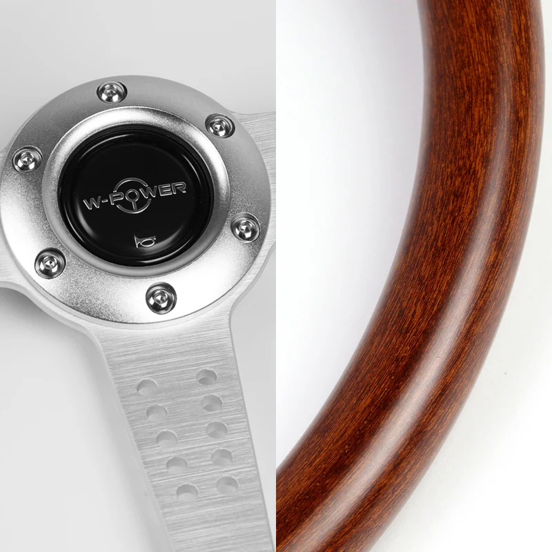 W-Power 14" 350mm 6-Bolt Hole Classic Style Dark Wood Mahogany Grain Grip With Aluminum Finished 3-Spoke Steering Wheel -Chrome Center Spoke - Image 3