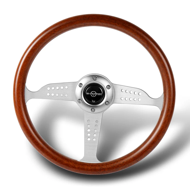 W-Power 14" 350mm 6-Bolt Hole Classic Style Dark Wood Mahogany Grain Grip With Aluminum Finished 3-Spoke Steering Wheel -Chrome Center Spoke - Image 4
