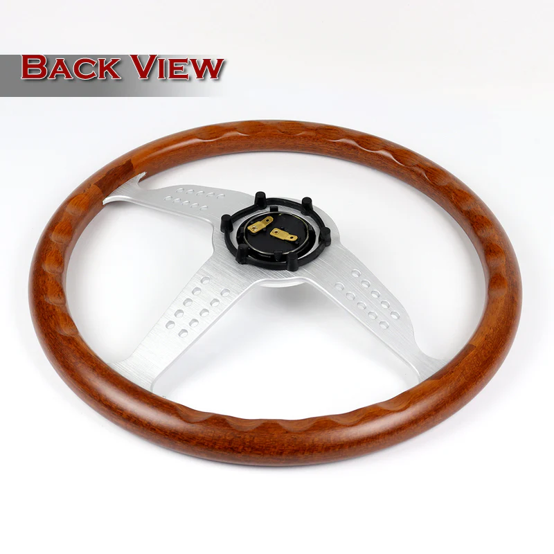 W-Power 14" 350mm 6-Bolt Hole Classic Style Dark Wood Mahogany Grain Grip With Aluminum Finished 3-Spoke Steering Wheel -Chrome Center Spoke - Image 5