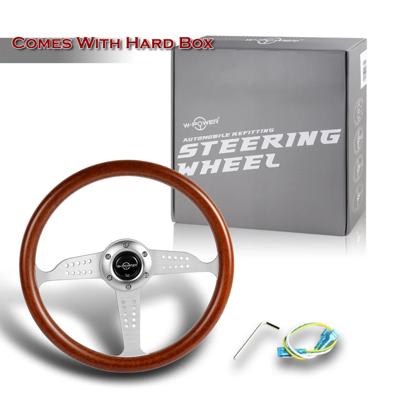W-Power 14" 350mm 6-Bolt Hole Classic Style Dark Wood Mahogany Grain Grip With Aluminum Finished 3-Spoke Steering Wheel -Chrome Center Spoke - Image 6