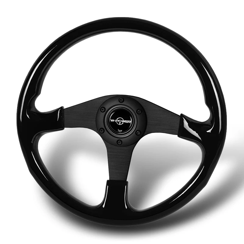 W-Power 14" 350mm 6-Bolt Hole Classic Style Galaxy Black Wood Grip With Aluminum Finished 3-Spoke Steering Wheel -Matte Black Center Spoke - Image 3