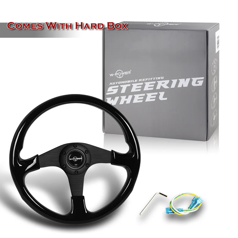 W-Power 14" 350mm 6-Bolt Hole Classic Style Galaxy Black Wood Grip With Aluminum Finished 3-Spoke Steering Wheel -Matte Black Center Spoke - Image 6