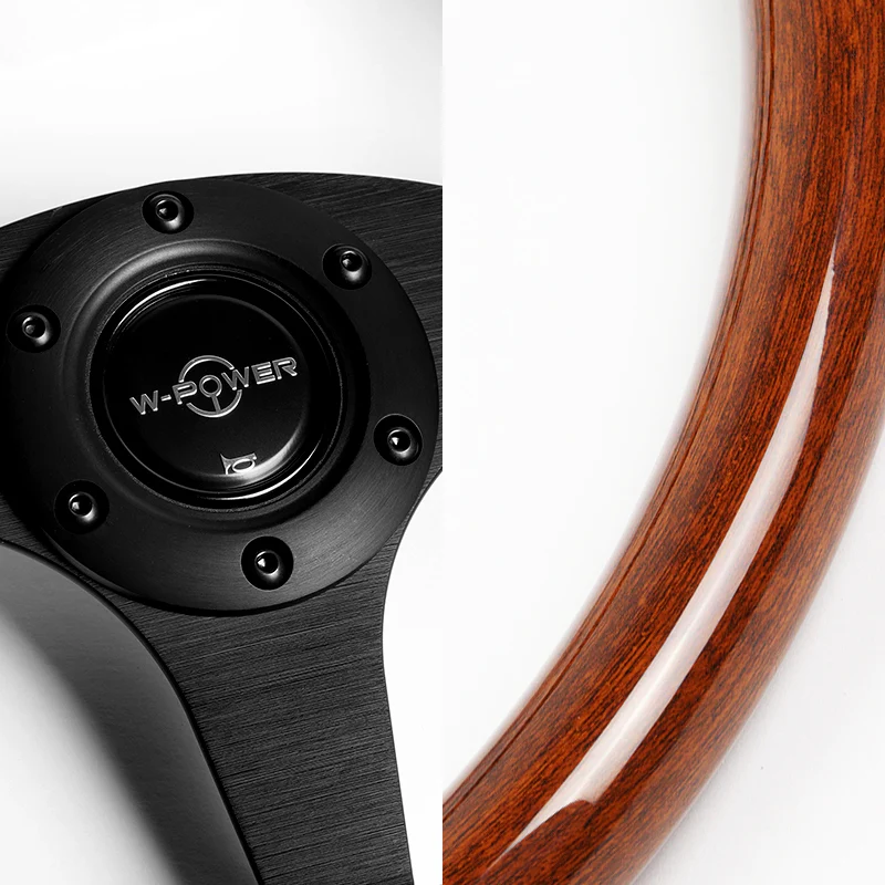 W-Power 14" 350mm 6-Bolt Hole Classic Style Galaxy Brown Wood Grip With Aluminum Finished 3-Spoke Steering Wheel -Matte Black Center Spoke - Image 3