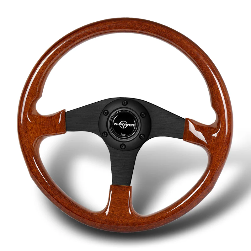 W-Power 14" 350mm 6-Bolt Hole Classic Style Galaxy Brown Wood Grip With Aluminum Finished 3-Spoke Steering Wheel -Matte Black Center Spoke - Image 4