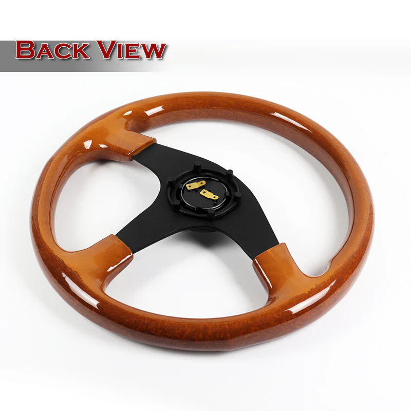 W-Power 14" 350mm 6-Bolt Hole Classic Style Galaxy Brown Wood Grip With Aluminum Finished 3-Spoke Steering Wheel -Matte Black Center Spoke - Image 5