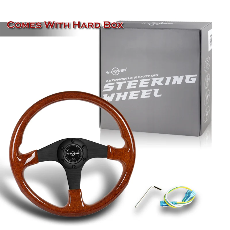 W-Power 14" 350mm 6-Bolt Hole Classic Style Galaxy Brown Wood Grip With Aluminum Finished 3-Spoke Steering Wheel -Matte Black Center Spoke - Image 6
