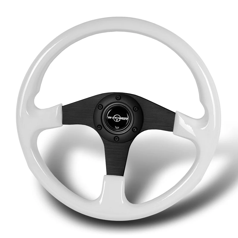 W-Power 14" 350mm 6-Bolt Hole Classic Style Galaxy White Wood Grip With Aluminum Finished 3-Spoke Steering Wheel -Matte Black Center Spoke - Image 4
