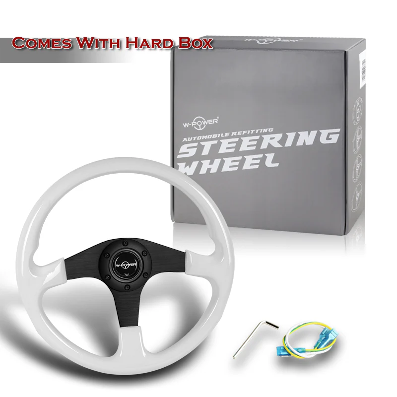 W-Power 14" 350mm 6-Bolt Hole Classic Style Galaxy White Wood Grip With Aluminum Finished 3-Spoke Steering Wheel -Matte Black Center Spoke - Image 6