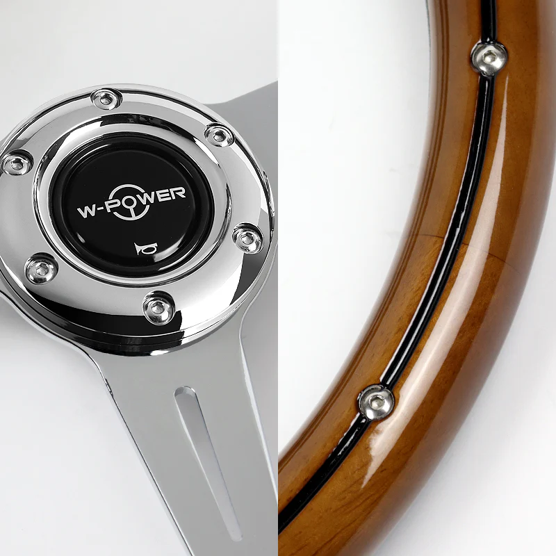 W-Power 14" 350mm 6-Bolt Hole Classic Style Polished Dark Wood Grain Grip With Aluminum Finished 3-Spoke Steering Wheel -Chrome Center Spoke - Image 3