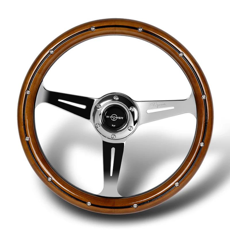 W-Power 14" 350mm 6-Bolt Hole Classic Style Polished Dark Wood Grain Grip With Aluminum Finished 3-Spoke Steering Wheel -Chrome Center Spoke - Image 4