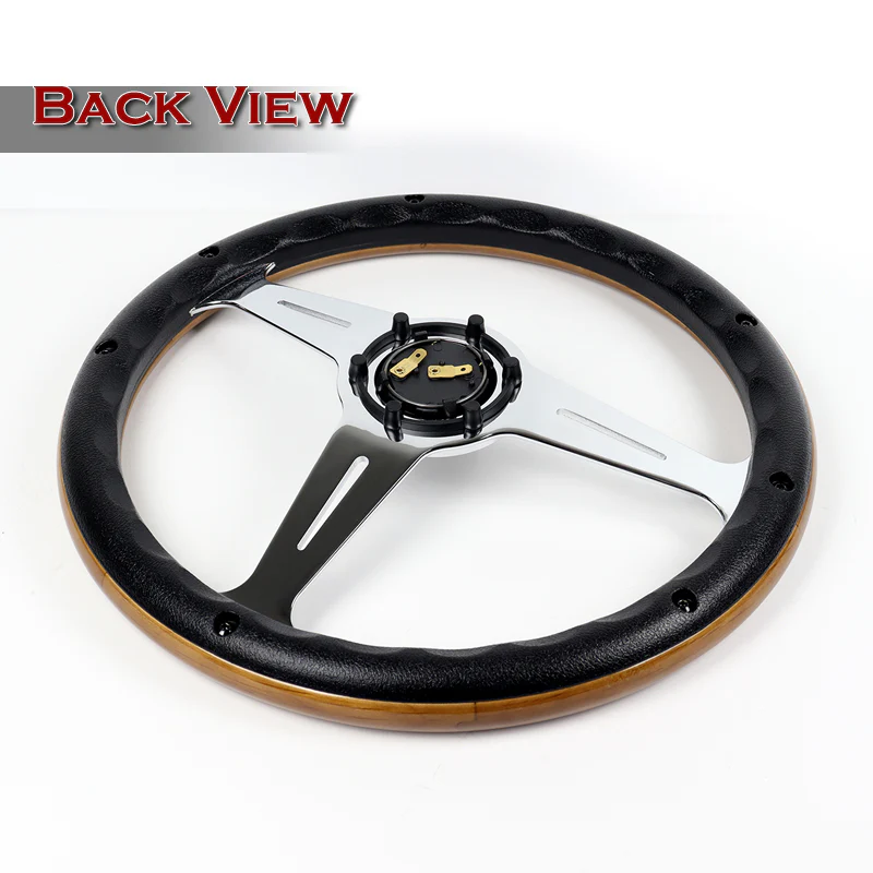 W-Power 14" 350mm 6-Bolt Hole Classic Style Polished Dark Wood Grain Grip With Aluminum Finished 3-Spoke Steering Wheel -Chrome Center Spoke - Image 5