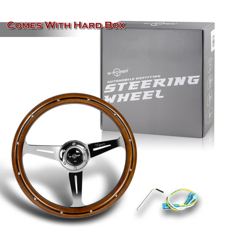 W-Power 14" 350mm 6-Bolt Hole Classic Style Polished Dark Wood Grain Grip With Aluminum Finished 3-Spoke Steering Wheel -Chrome Center Spoke - Image 6