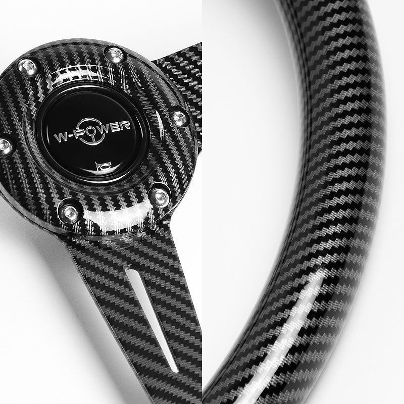 W-Power 14" 350mm 6-Bolt Hole JDM Euro VIP Style Carbon Fiber Look Grip With Aluminum Finished 3-Spoke Steering Wheel -Carbon Fiber Look Center Spoke/Black Carbon Fiber Look Grip - Image 3