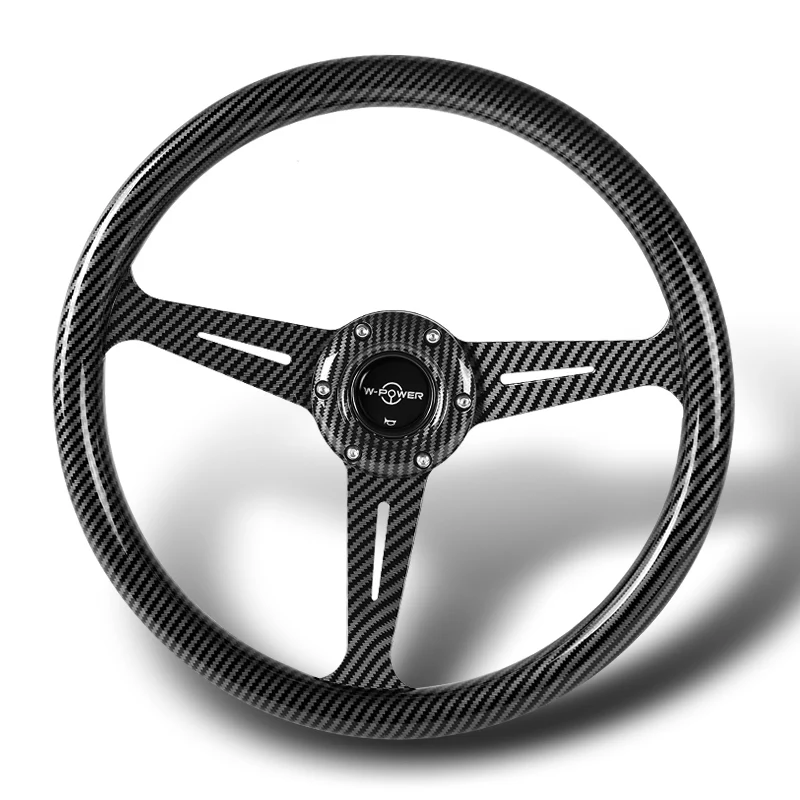 W-Power 14" 350mm 6-Bolt Hole JDM Euro VIP Style Carbon Fiber Look Grip With Aluminum Finished 3-Spoke Steering Wheel -Carbon Fiber Look Center Spoke/Black Carbon Fiber Look Grip - Image 4
