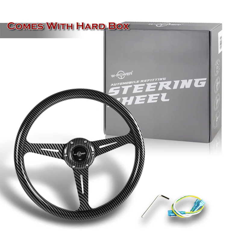 W-Power 14" 350mm 6-Bolt Hole JDM Euro VIP Style Carbon Fiber Look Grip With Aluminum Finished 3-Spoke Steering Wheel -Carbon Fiber Look Center Spoke/Black Carbon Fiber Look Grip - Image 6