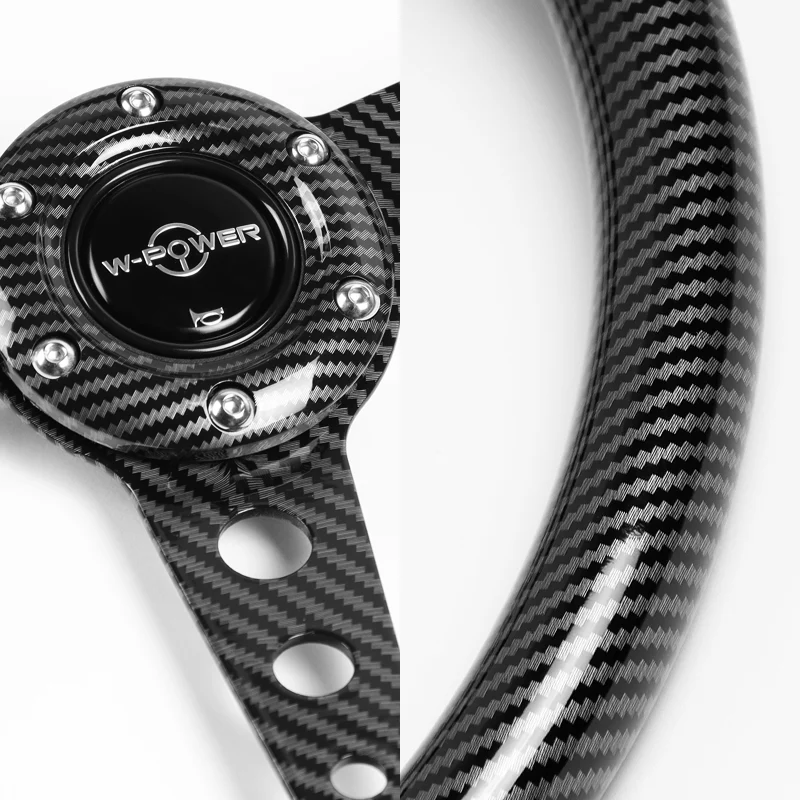 W-Power 14" 350mm 6-Bolt Hole JDM Euro VIP Style Carbon Fiber Look Grip With Aluminum Finished 3-Spoke Steering Wheel -Carbon Fiber Look Center Spoke/Black Carbon Fiber Look Grip - Image 3