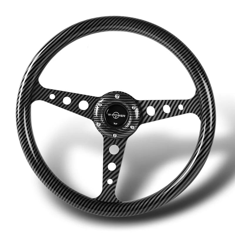 W-Power 14" 350mm 6-Bolt Hole JDM Euro VIP Style Carbon Fiber Look Grip With Aluminum Finished 3-Spoke Steering Wheel -Carbon Fiber Look Center Spoke/Black Carbon Fiber Look Grip - Image 4