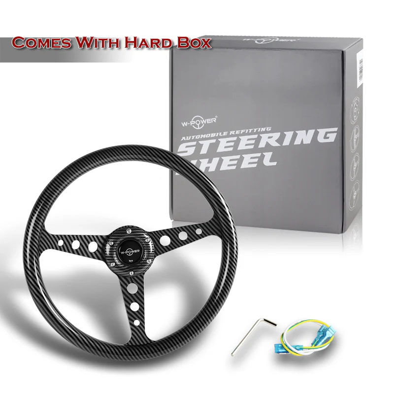W-Power 14" 350mm 6-Bolt Hole JDM Euro VIP Style Carbon Fiber Look Grip With Aluminum Finished 3-Spoke Steering Wheel -Carbon Fiber Look Center Spoke/Black Carbon Fiber Look Grip - Image 6