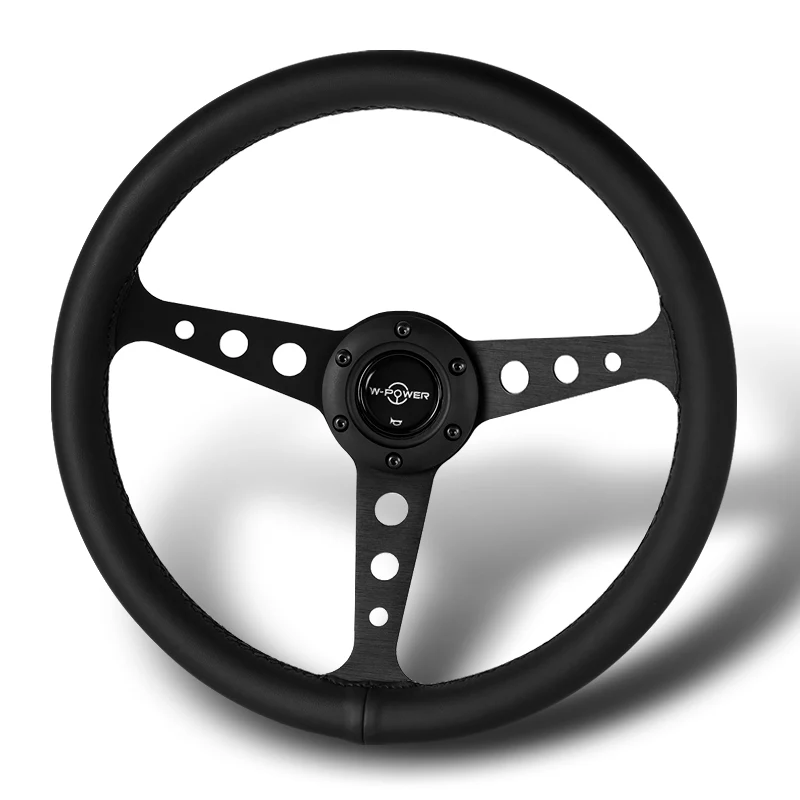 W-Power 14" 350mm 6-Bolt Hole JDM Euro VIP Style Classic Black Leather Trim Grip With Aluminum Finished 3-Spoke Steering Wheel -Black Leather Grip/Black Center Spoke - Image 3