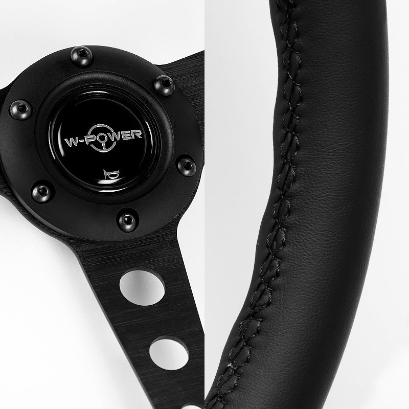 W-Power 14" 350mm 6-Bolt Hole JDM Euro VIP Style Classic Black Leather Trim Grip With Aluminum Finished 3-Spoke Steering Wheel -Black Leather Grip/Black Center Spoke - Image 4