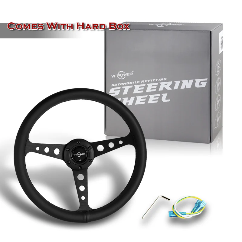 W-Power 14" 350mm 6-Bolt Hole JDM Euro VIP Style Classic Black Leather Trim Grip With Aluminum Finished 3-Spoke Steering Wheel -Black Leather Grip/Black Center Spoke - Image 5