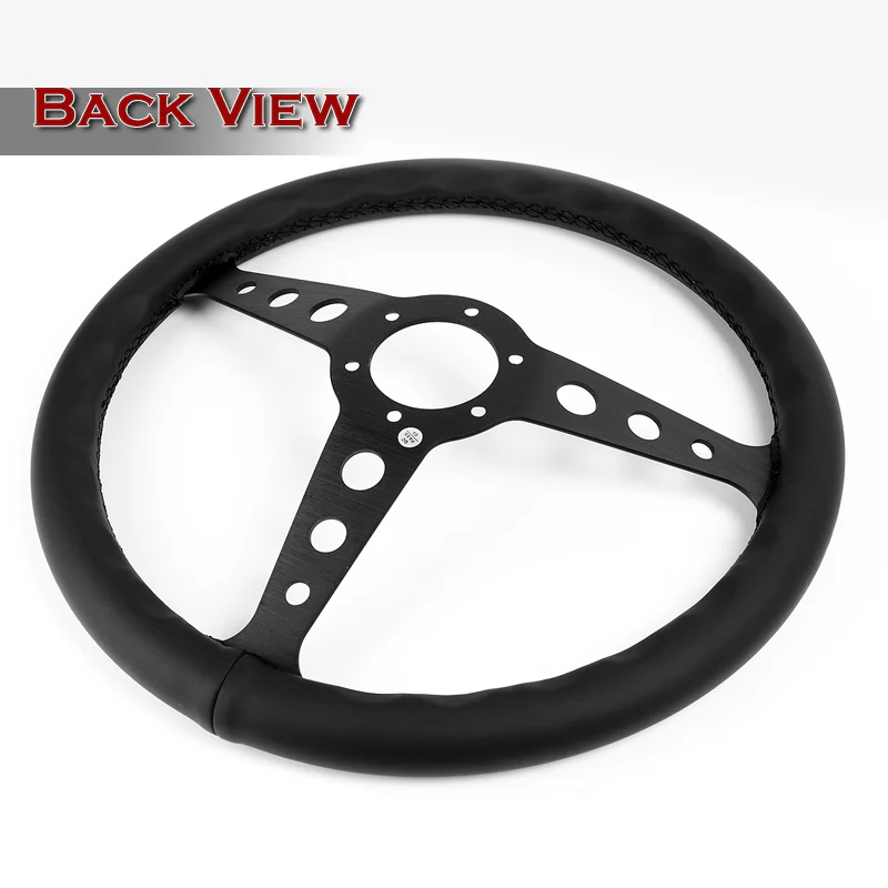 W-Power 14" 350mm 6-Bolt Hole JDM Euro VIP Style Classic Black Leather Trim Grip With Aluminum Finished 3-Spoke Steering Wheel -Black Leather Grip/Black Center Spoke - Image 6