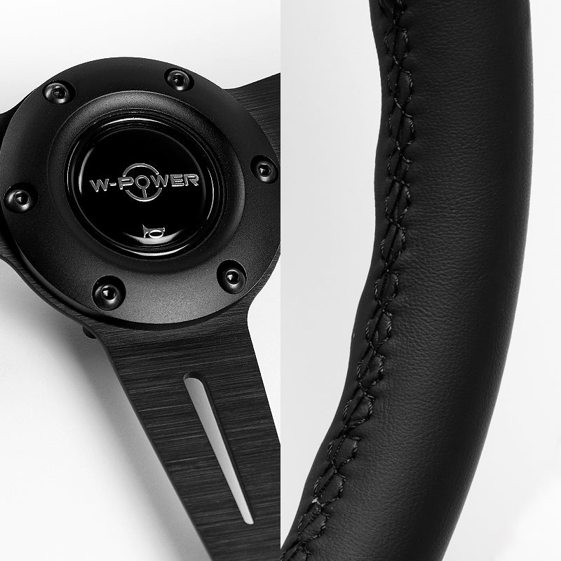 W-Power 14" 350mm 6-Bolt Hole JDM Euro VIP Style Classic Black Leather Trim Grip With Aluminum Finished 3-Spoke Steering Wheel -Black Leather Grip/Black Center Spoke - Image 3