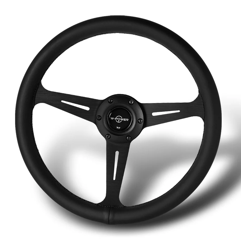 W-Power 14" 350mm 6-Bolt Hole JDM Euro VIP Style Classic Black Leather Trim Grip With Aluminum Finished 3-Spoke Steering Wheel -Black Leather Grip/Black Center Spoke - Image 4