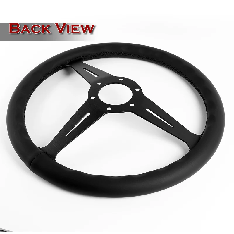 W-Power 14" 350mm 6-Bolt Hole JDM Euro VIP Style Classic Black Leather Trim Grip With Aluminum Finished 3-Spoke Steering Wheel -Black Leather Grip/Black Center Spoke - Image 5