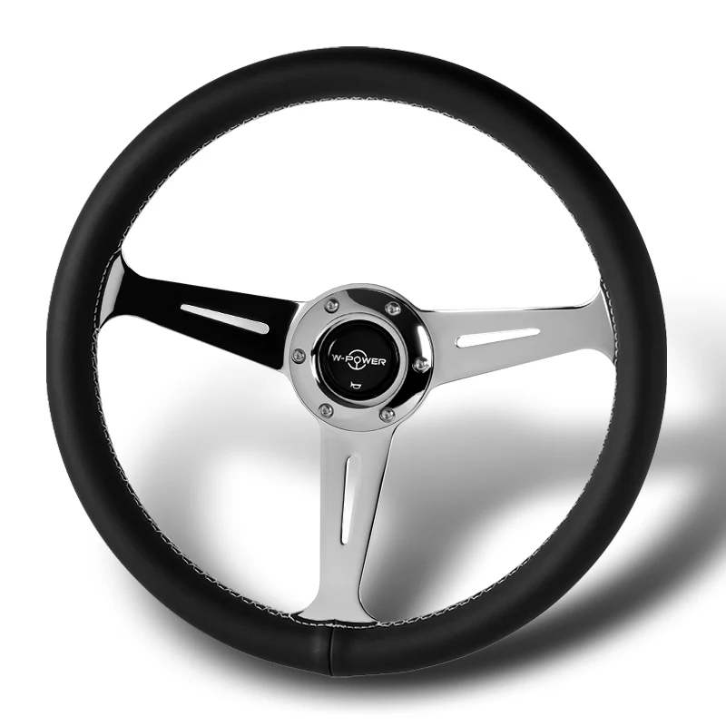W-Power 14" 350mm 6-Bolt Hole JDM Euro VIP Style Classic Black Leather Trim Grip With Aluminum Finished 3-Spoke Steering Wheel -Black Leather Grip/Chrome Center Spoke - Image 3