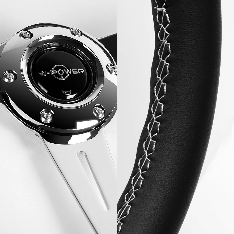 W-Power 14" 350mm 6-Bolt Hole JDM Euro VIP Style Classic Black Leather Trim Grip With Aluminum Finished 3-Spoke Steering Wheel -Black Leather Grip/Chrome Center Spoke - Image 4