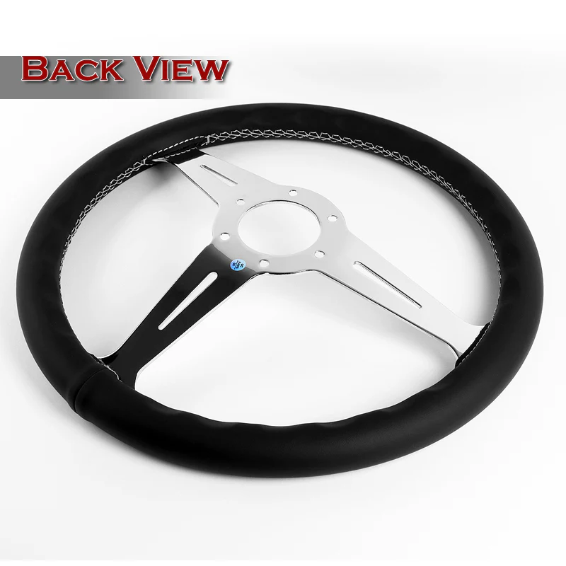 W-Power 14" 350mm 6-Bolt Hole JDM Euro VIP Style Classic Black Leather Trim Grip With Aluminum Finished 3-Spoke Steering Wheel -Black Leather Grip/Chrome Center Spoke - Image 5