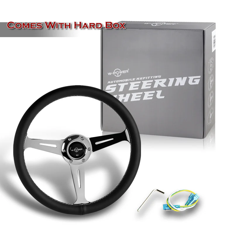 W-Power 14" 350mm 6-Bolt Hole JDM Euro VIP Style Classic Black Leather Trim Grip With Aluminum Finished 3-Spoke Steering Wheel -Black Leather Grip/Chrome Center Spoke - Image 6