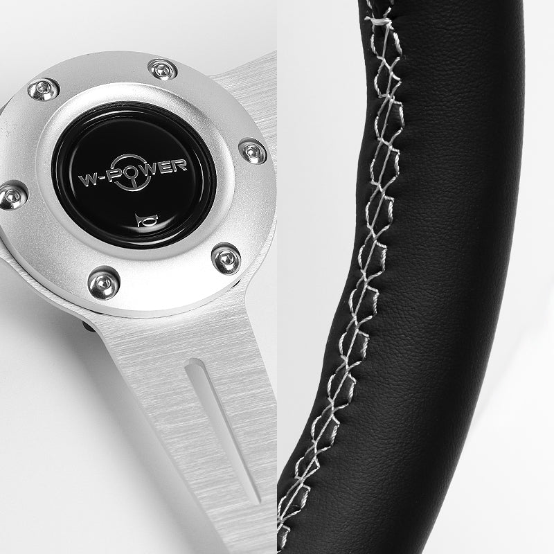 W-Power 14" 350mm 6-Bolt Hole JDM Euro VIP Style Classic Black Leather Trim Grip With Aluminum Finished 3-Spoke Steering Wheel -Black Leather Grip/Silver Center Spoke - Image 2
