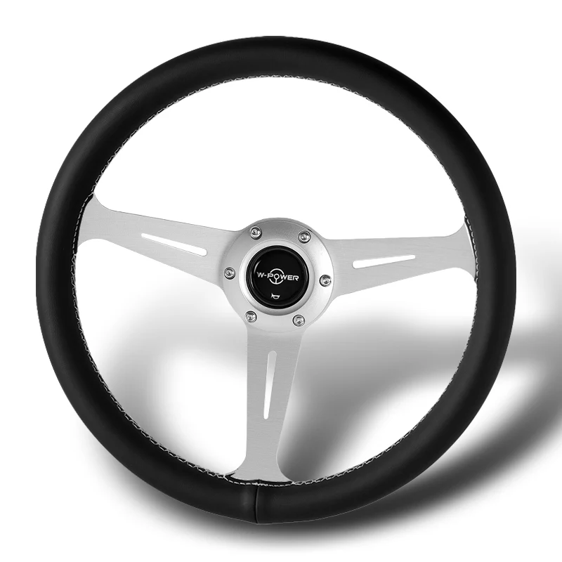W-Power 14" 350mm 6-Bolt Hole JDM Euro VIP Style Classic Black Leather Trim Grip With Aluminum Finished 3-Spoke Steering Wheel -Black Leather Grip/Silver Center Spoke - Image 4