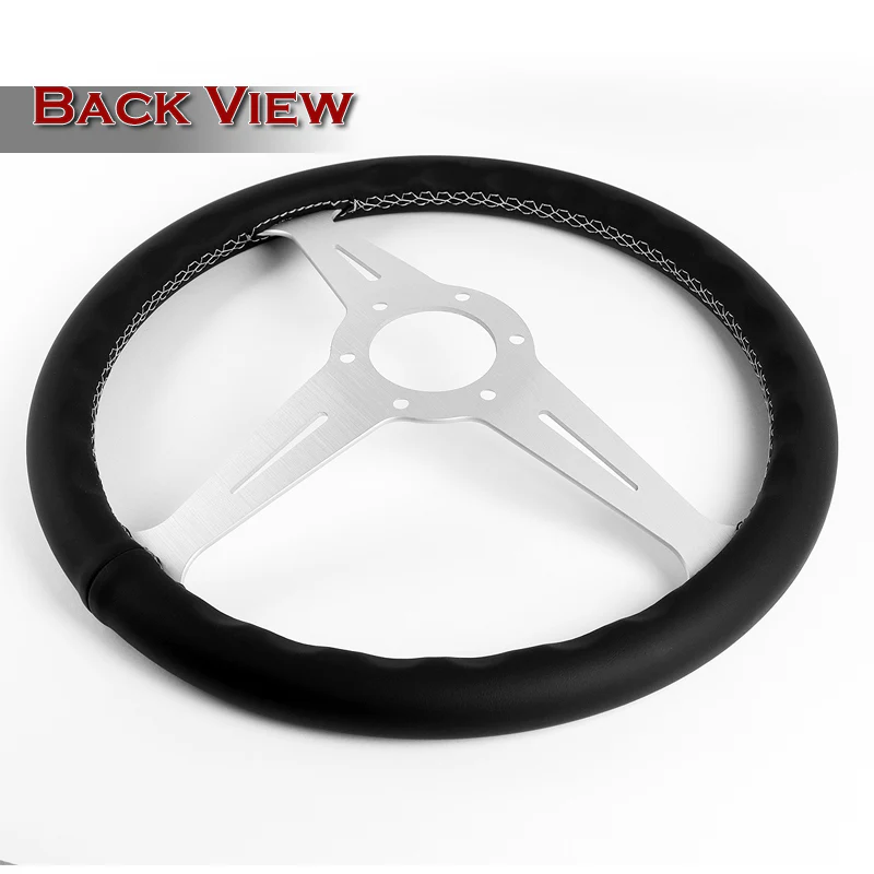 W-Power 14" 350mm 6-Bolt Hole JDM Euro VIP Style Classic Black Leather Trim Grip With Aluminum Finished 3-Spoke Steering Wheel -Black Leather Grip/Silver Center Spoke - Image 5