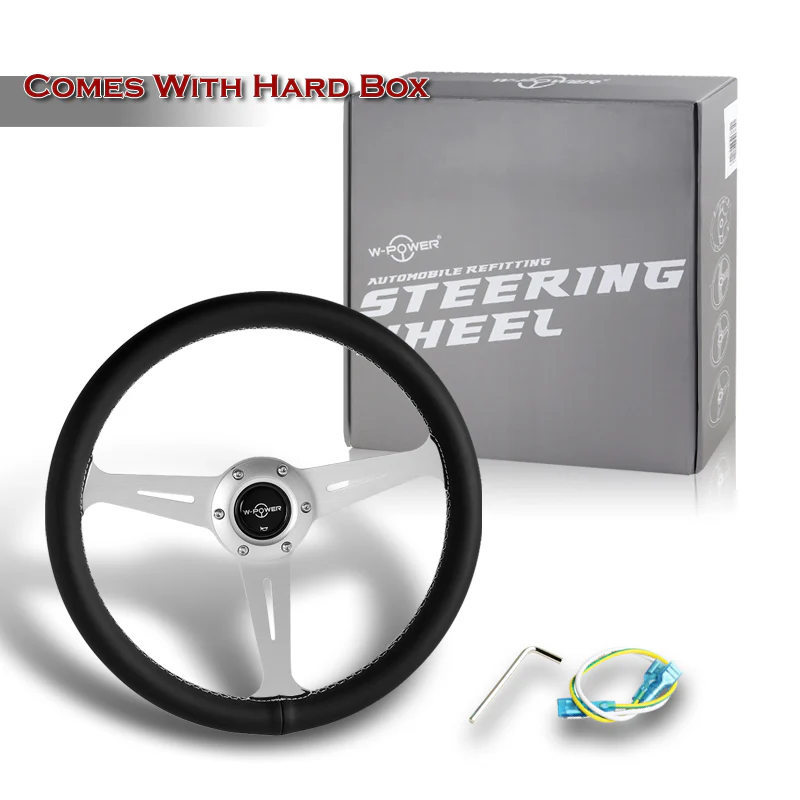 W-Power 14" 350mm 6-Bolt Hole JDM Euro VIP Style Classic Black Leather Trim Grip With Aluminum Finished 3-Spoke Steering Wheel -Black Leather Grip/Silver Center Spoke - Image 6