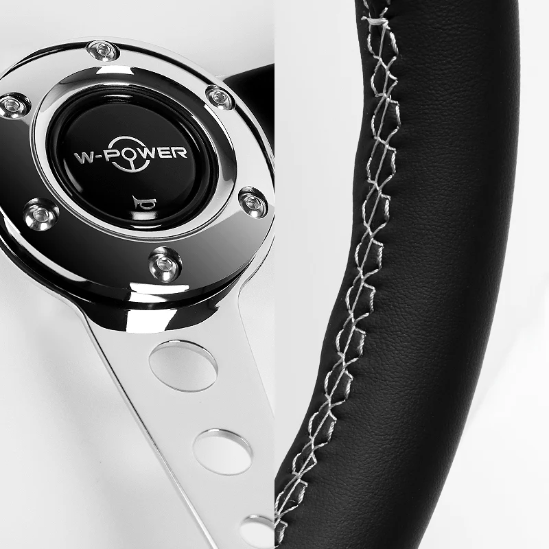 W-Power 14" 350mm 6-Bolt Hole JDM Euro VIP Style Classic Black Leather Trim Grip With Aluminum Finished 3-Spoke Steering Wheel -Black Leather Grip/Chrome Center Spoke - Image 3