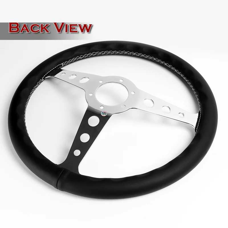 W-Power 14" 350mm 6-Bolt Hole JDM Euro VIP Style Classic Black Leather Trim Grip With Aluminum Finished 3-Spoke Steering Wheel -Black Leather Grip/Chrome Center Spoke - Image 5