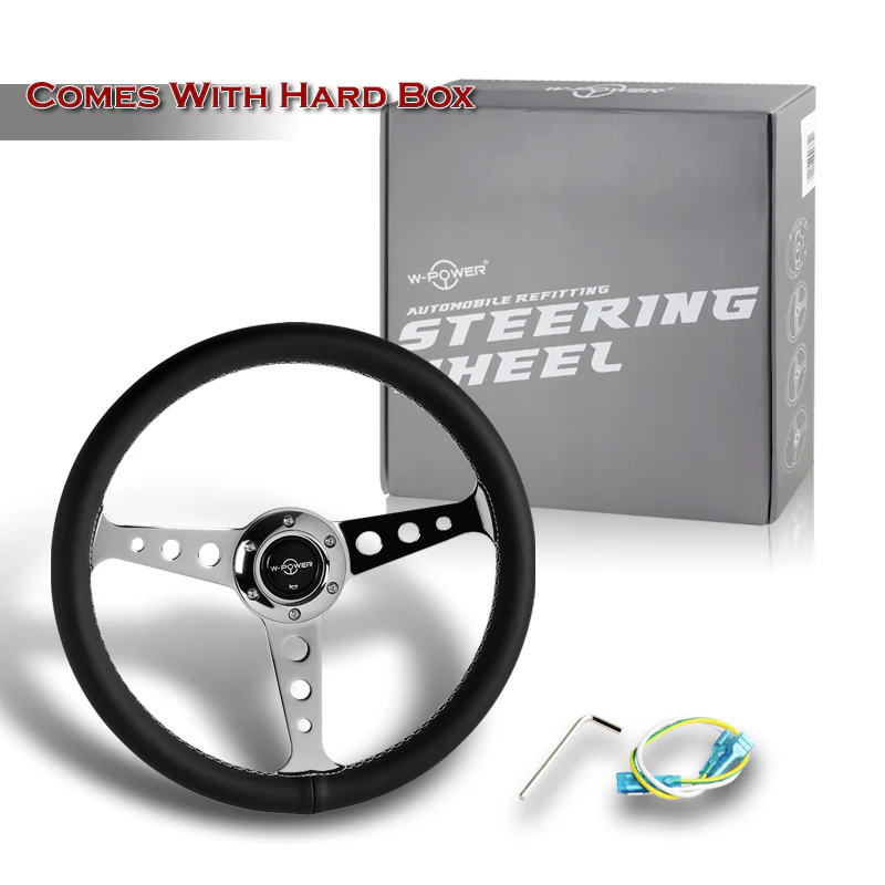 W-Power 14" 350mm 6-Bolt Hole JDM Euro VIP Style Classic Black Leather Trim Grip With Aluminum Finished 3-Spoke Steering Wheel -Black Leather Grip/Chrome Center Spoke - Image 6