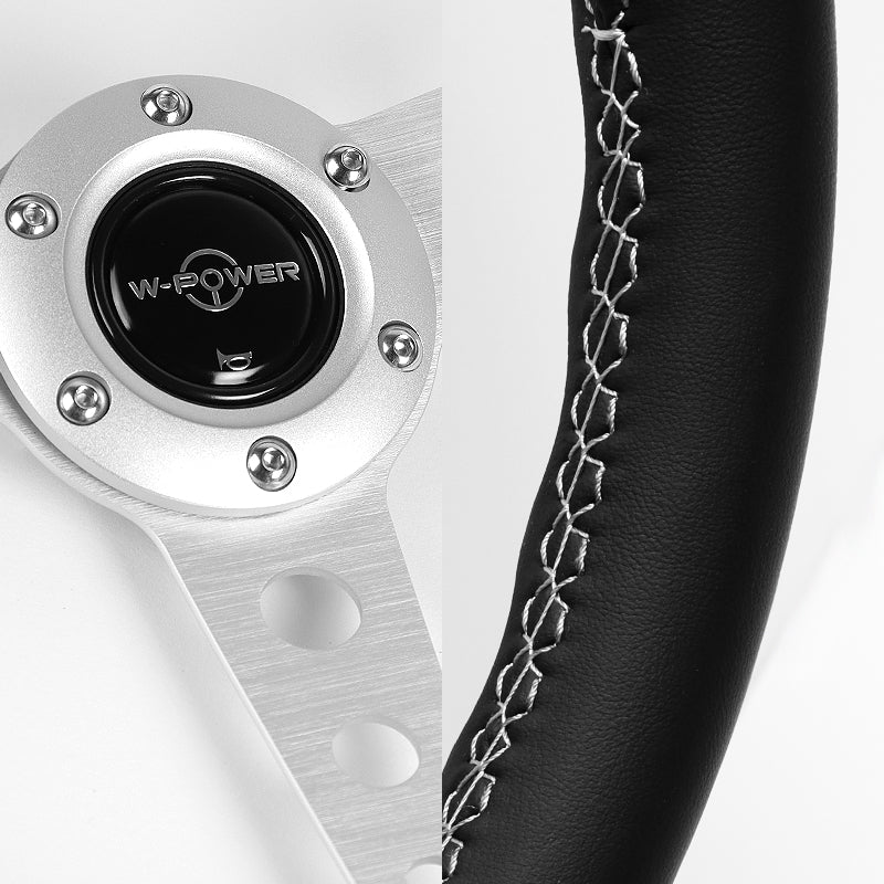 W-Power 14" 350mm 6-Bolt Hole JDM Euro VIP Style Classic Black Leather Trim Grip With Aluminum Finished 3-Spoke Steering Wheel -Black Leather Grip/Silver Center Spoke - Image 3