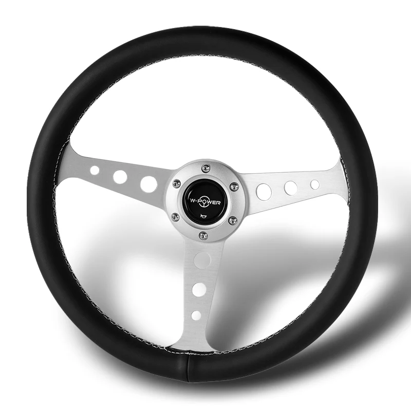 W-Power 14" 350mm 6-Bolt Hole JDM Euro VIP Style Classic Black Leather Trim Grip With Aluminum Finished 3-Spoke Steering Wheel -Black Leather Grip/Silver Center Spoke - Image 4